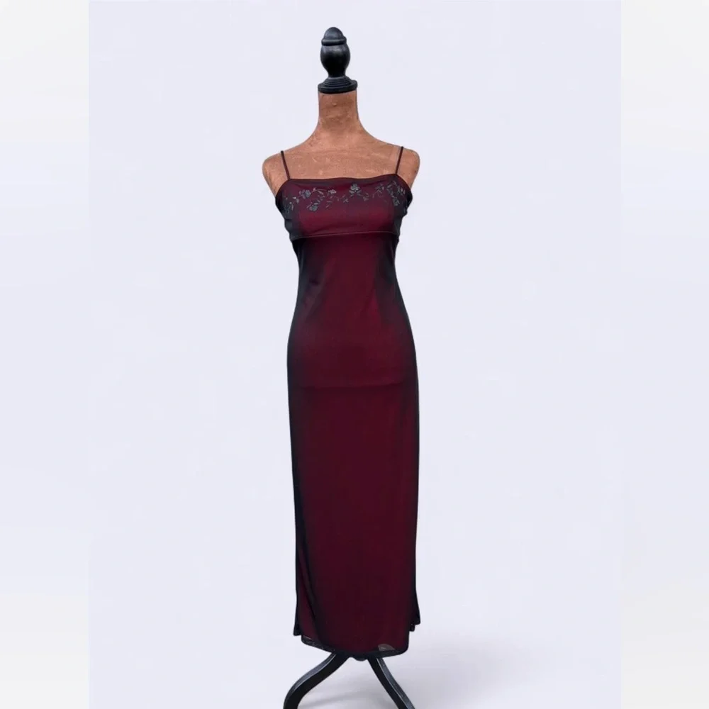 Candy Rocket y2k goth red & black mesh spaghetti strap dress w floral details - Picture 2 of 4